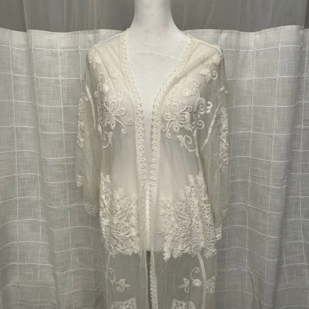 Anthropologie Do Everything In Love Cream Embroidered Sheer Lace Kimono Cardigan - Picture 3 of 7